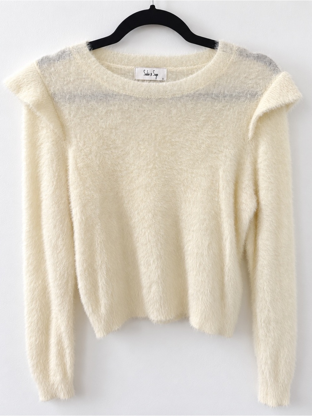 Sadie & Sage Cream Fuzzy Ruffle Shoulder Long Sleeve Sweater Size S - Like New